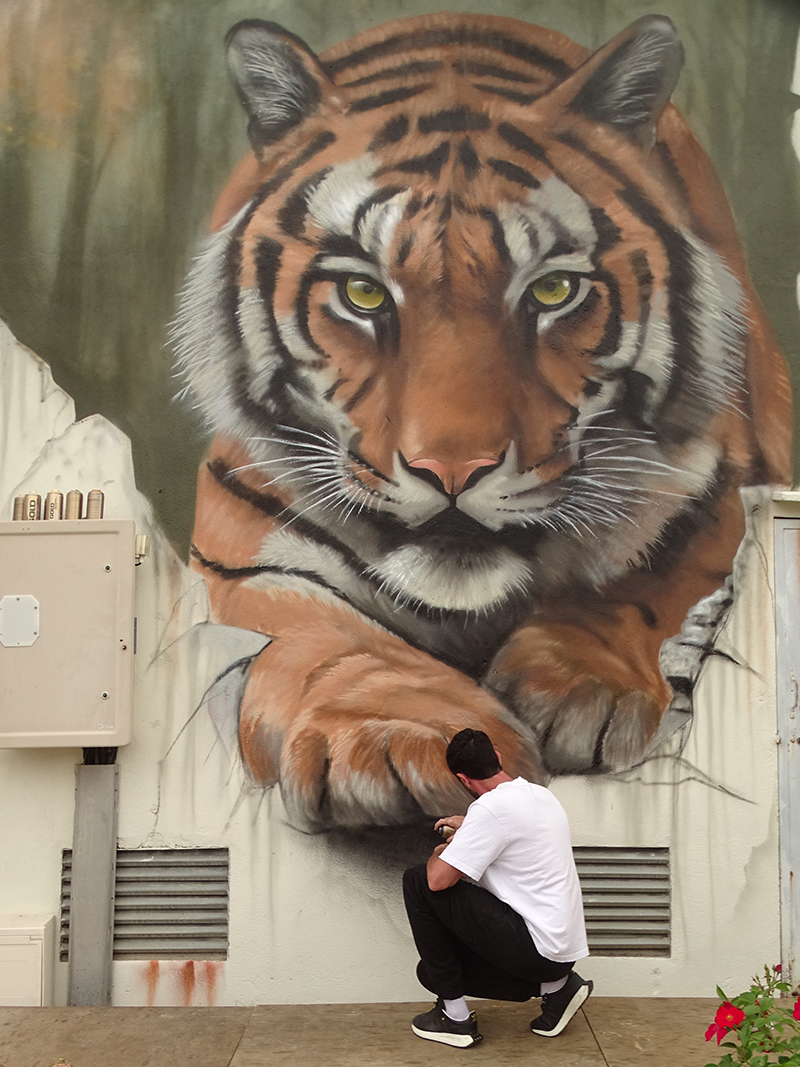 Dave Baranes réalisant une fresque monumentale à Courtenay