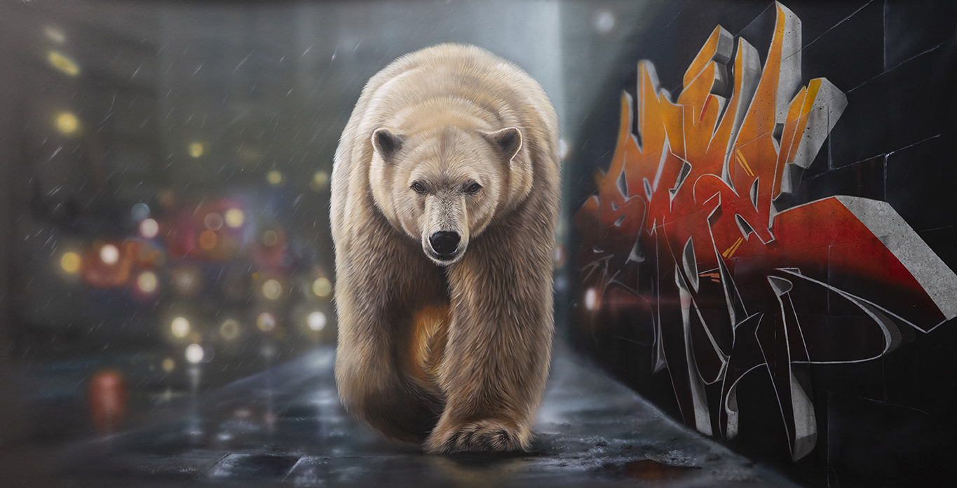 Wild Beast, ours polaire dans une rue urbaine, œuvre de Dave Baranes