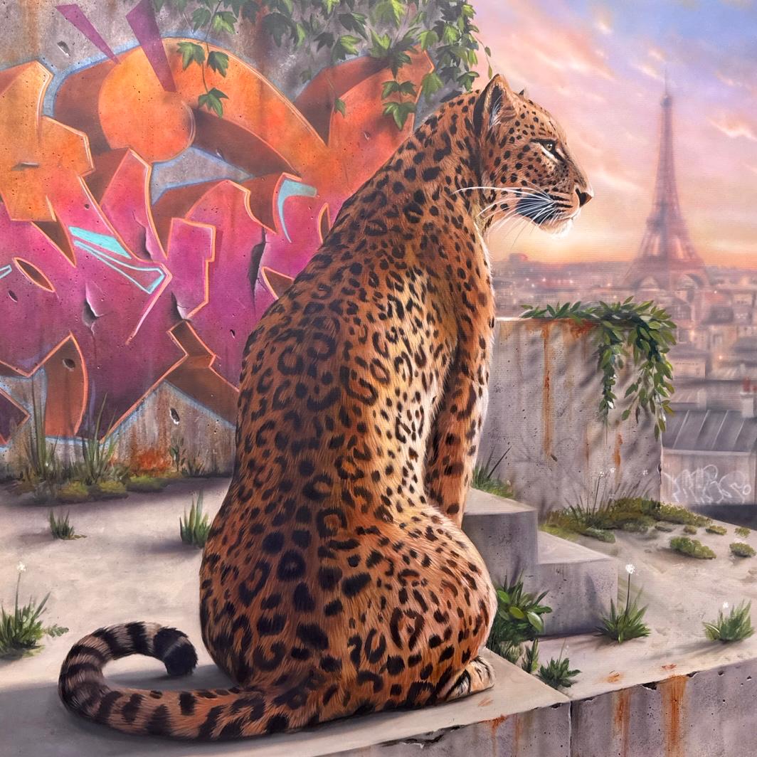 Panthère à Paris avec la Tour Eiffel, œuvre de Dave Baranes